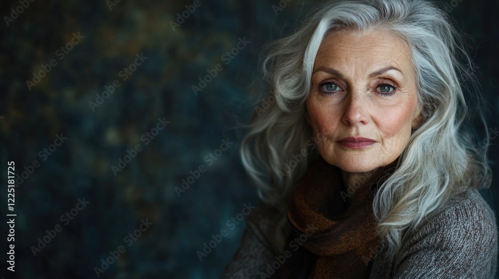 Portrait of an older woman with long gray hair and soft makeup against a blurred dark background sitting in a cozy sweater Copy Space Portrait of an older woman with long gray hair and soft makeup against a blurred dark background sitting in a cozy sweater Copy Space