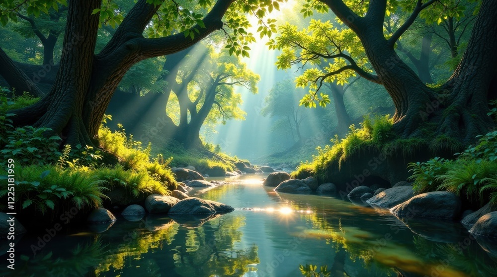 Serene Forest Stream Sunbeams Illuminate Lush Green Canopy, Reflecting in Tranquil Waters Serene Forest Stream Sunbeams Illuminate Lush Green Canopy, Reflecting in Tranquil Waters