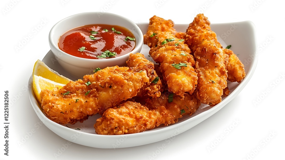 Crispy fried breaded fish sticks from fish fillet served with fresh Crispy fried breaded fish sticks from fish fillet served with fresh