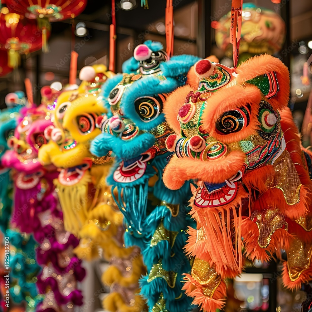 Naklejka premium Traditional Chinese Dragon Puppets in Vibrant Colors