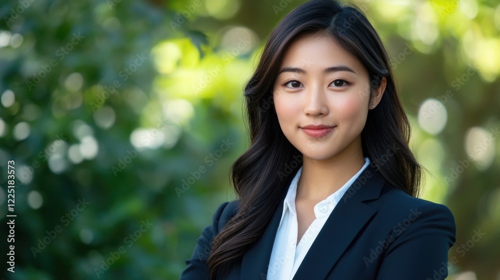 Professional young woman in a formal suit with natural outdoor background and soft focus, ideal for business or corporate themes. Copy Space Professional young woman in a formal suit with natural outdoor background and soft focus, ideal for business or corporate themes. Copy Space