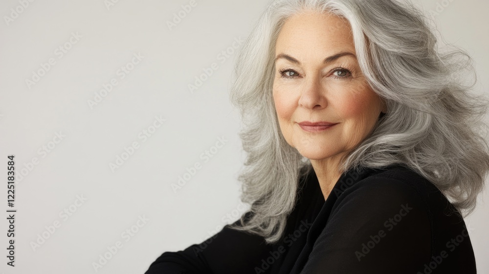 Portrait of a mature woman with silver hair, wearing a black top, against a light neutral background with Copy Space. Portrait of a mature woman with silver hair, wearing a black top, against a light neutral background with Copy Space.