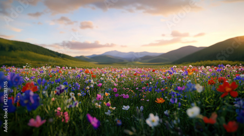 Fototapeta Naklejka Na Ścianę i Meble -  Wildflower-filled meadow under a pastel sunset, softly rolling hills on the horizon