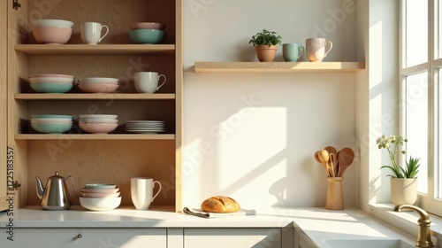 Bright Sunlight Illuminates a Modern Kitchen with Pastel-Colored Dishes and Wooden Accents