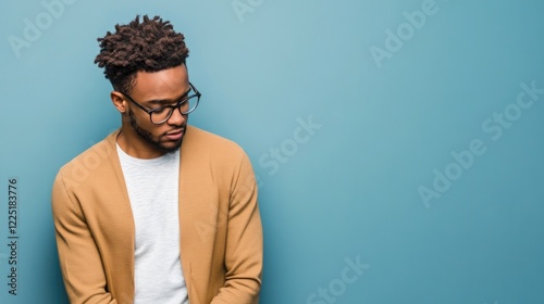 Young man with glasses and curly hair wearing a beige cardigan against a blue background with Copy Space