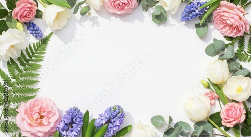 Floral Frame with Pink Roses White Tulips and Green Leaves on White Background