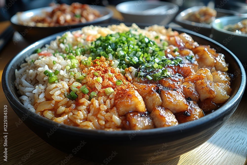 Savory rice bowl with grilled meat and seasoned rice Savory rice bowl with grilled meat and seasoned rice