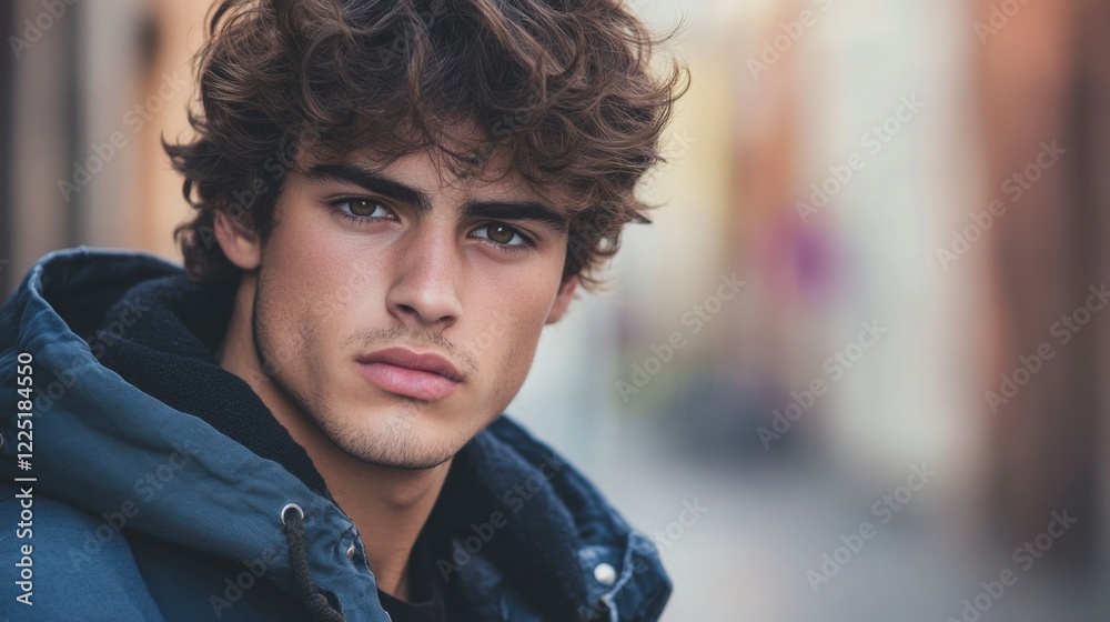 Portrait of a young man with curly hair wearing a hoodie looking intently at the camera in a blurred urban background Copy Space Portrait of a young man with curly hair wearing a hoodie looking intently at the camera in a blurred urban background Copy Space
