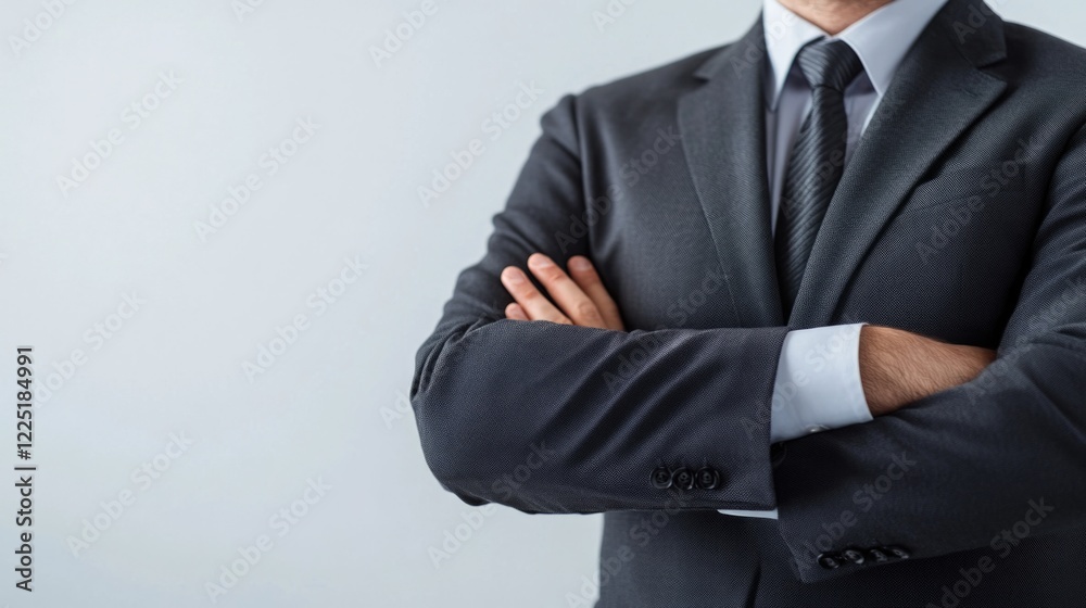 Businessman in a suit with arms crossed against a light background with Copy Space for text placement Businessman in a suit with arms crossed against a light background with Copy Space for text placement