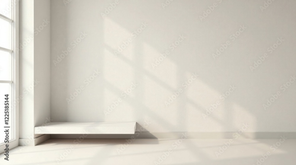 Minimalist interior scene featuring a simple white shelf against a sunlit wall Minimalist interior scene featuring a simple white shelf against a sunlit wall