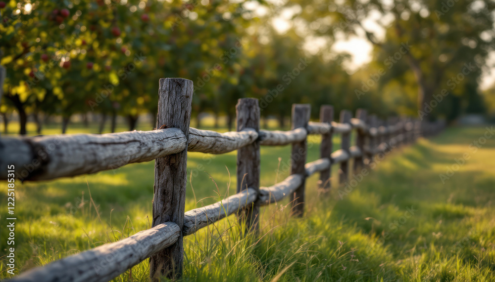 Rustic Wooden Fence in a Serene Orchard Landscape Rustic Wooden Fence in a Serene Orchard Landscape