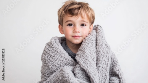 Boy wrapped in a cozy gray blanket with a neutral background and warm expression, suitable for family and lifestyle concepts, Copy Space photo