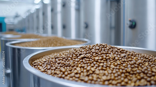 Coffee factory, A wide view of a coffee factory floor showcasing large machinery and equipment, highlighting production processes in high fidelity.
