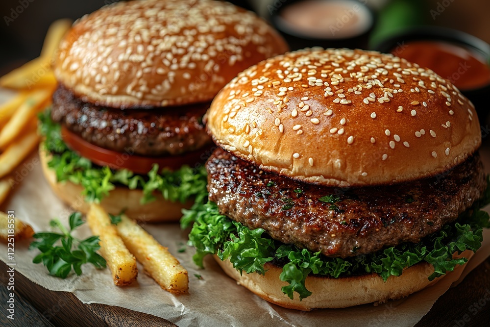 Juicy beef burgers on sesame seed buns served with crispy fries A classic comfort food Juicy beef burgers on sesame seed buns served with crispy fries A classic comfort food