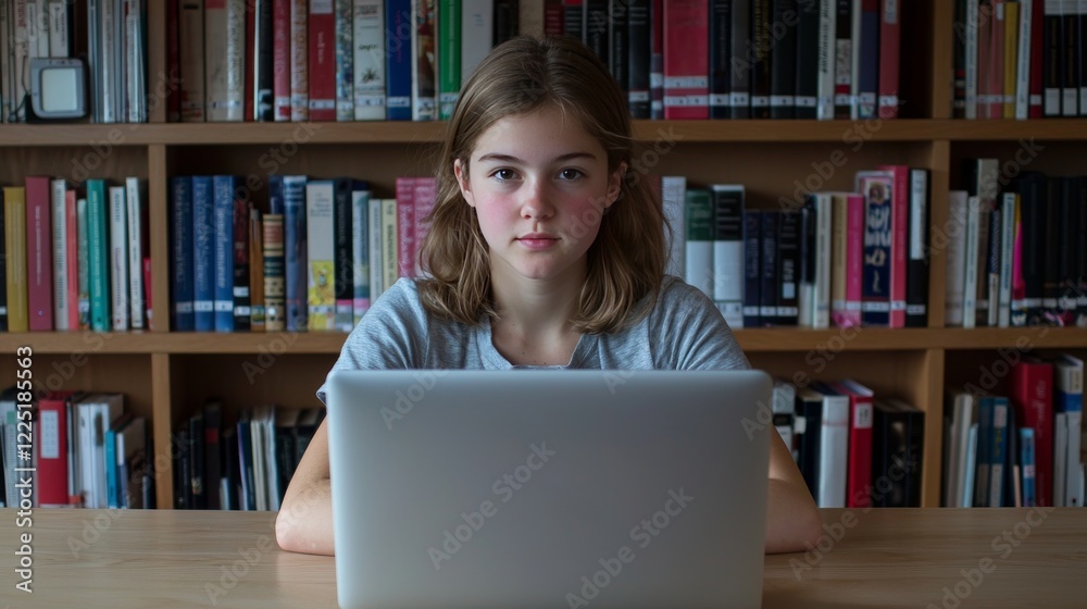 Focused Student Working on Laptop in Library Academic Environment Close-Up View Study Concept Focused Student Working on Laptop in Library Academic Environment Close-Up View Study Concept