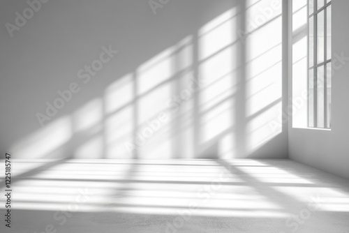 Sunlight streams through a large window into a minimalist white room, casting dramatic shadows on the floor and walls.