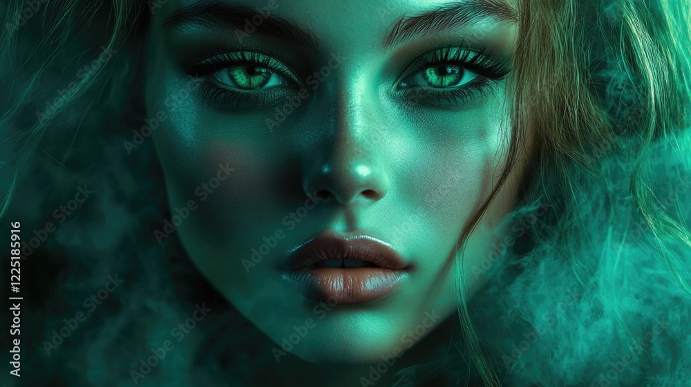 Close-up portrait of a woman with striking green eyes and glossy skin tone surrounded by ethereal green smoke Copy Space Close-up portrait of a woman with striking green eyes and glossy skin tone surrounded by ethereal green smoke Copy Space