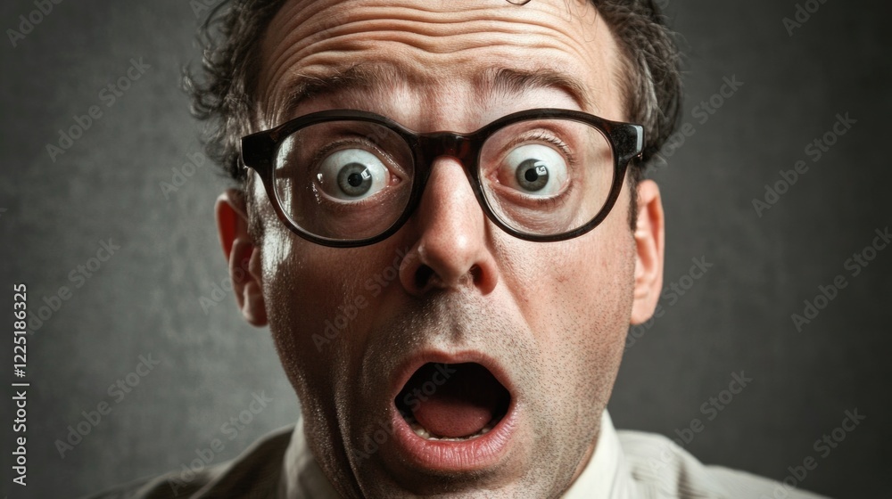 Surprised man with round glasses expressing shock or disbelief against a dark background with Copy Space Surprised man with round glasses expressing shock or disbelief against a dark background with Copy Space