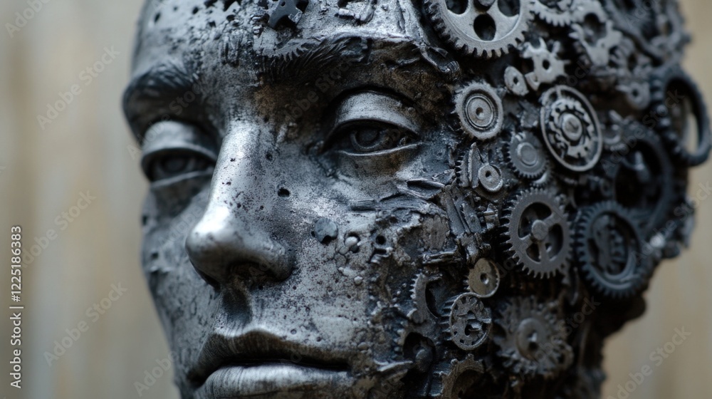 Intricate metal sculpture of a human face adorned with gears and mechanical parts detailed expression with industrial aesthetic Copy Space Intricate metal sculpture of a human face adorned with gears and mechanical parts detailed expression with industrial aesthetic Copy Space