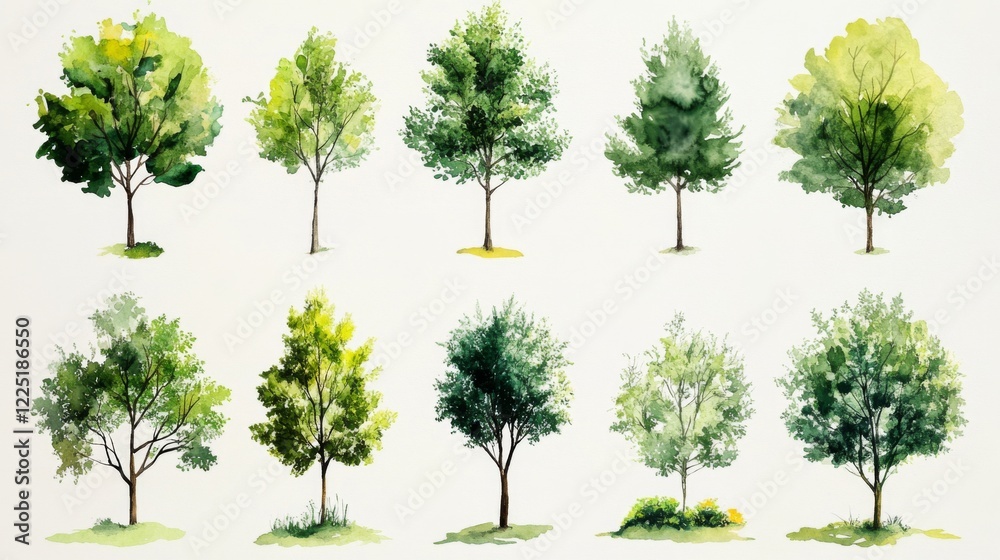 Fototapeta premium Set of watercolor green trees, feeling fresh and peaceful isolated on crisp white background