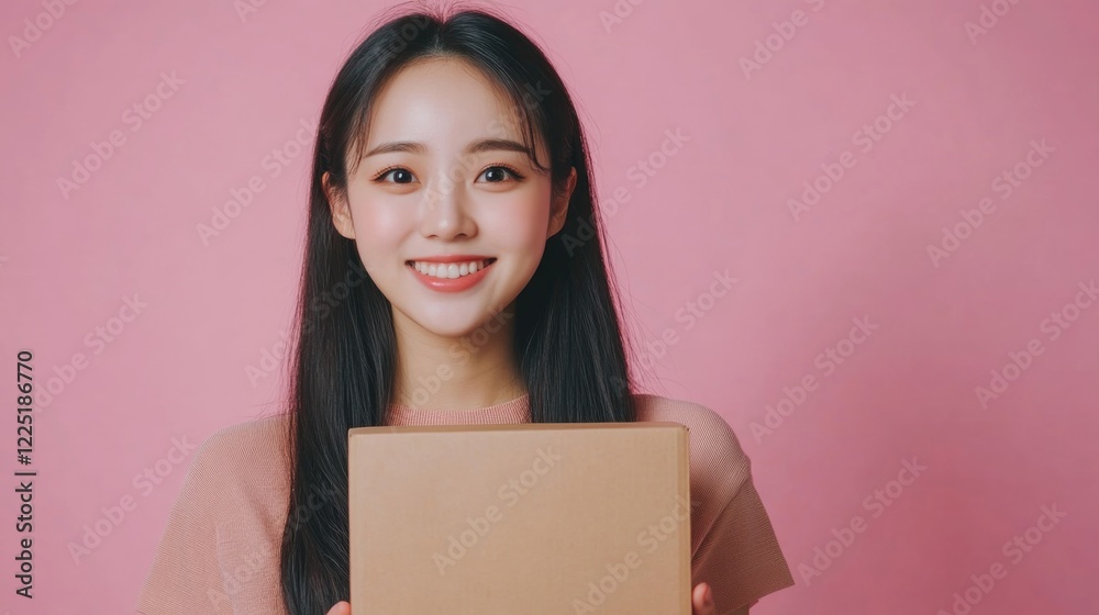 Smiling young woman holding a brown box against a pink background with copy space for text Smiling young woman holding a brown box against a pink background with copy space for text