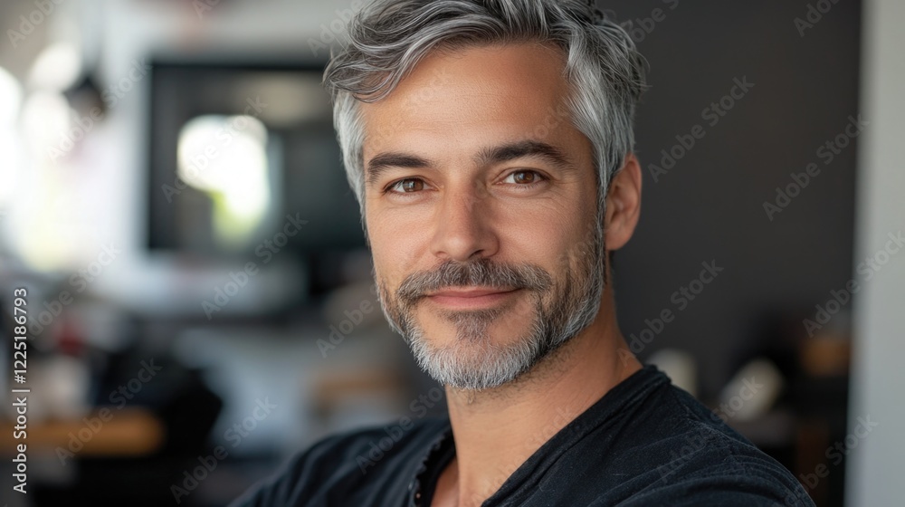 Portrait of a smiling middle-aged man with grey hair and a beard wearing a black shirt in a modern indoor setting with Copy Space. Portrait of a smiling middle-aged man with grey hair and a beard wearing a black shirt in a modern indoor setting with Copy Space.