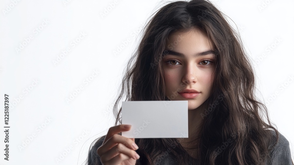 Portrait of young woman with long dark hair holding blank business card in front of her face on white background Copy Space Portrait of young woman with long dark hair holding blank business card in front of her face on white background Copy Space