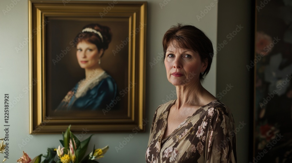 Portrait of a woman standing beside a framed painting of a historical woman in an elegant setting with floral decorations and soft lighting Portrait of a woman standing beside a framed painting of a historical woman in an elegant setting with floral decorations and soft lighting