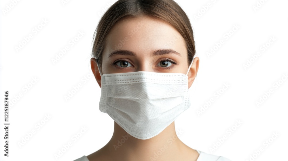 Woman wearing a white medical face mask looking at the camera with neutral expression isolated on white background Copy Space Woman wearing a white medical face mask looking at the camera with neutral expression isolated on white background Copy Space