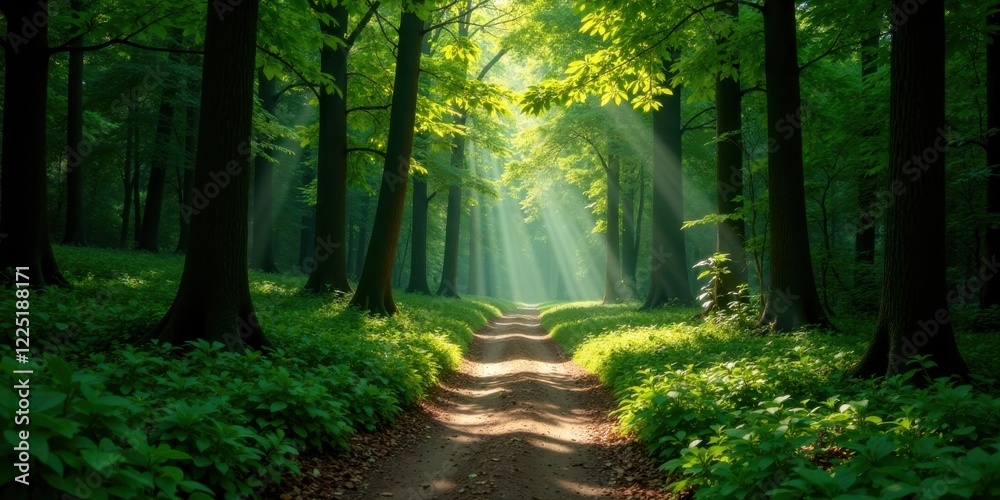 Fototapeta premium Sunbeams Illuminate a Serene Forest Path, Lush Greenery and Tranquil Atmosphere, Nature's Peaceful Sanctuary