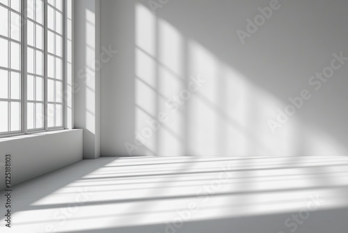 Sunlight streams through a large window into a minimalist white room.