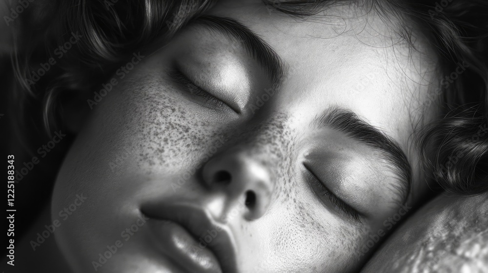 Fototapeta premium Black and white portrait of a woman sleeping with freckles and closed eyes on a soft surface Copy Space