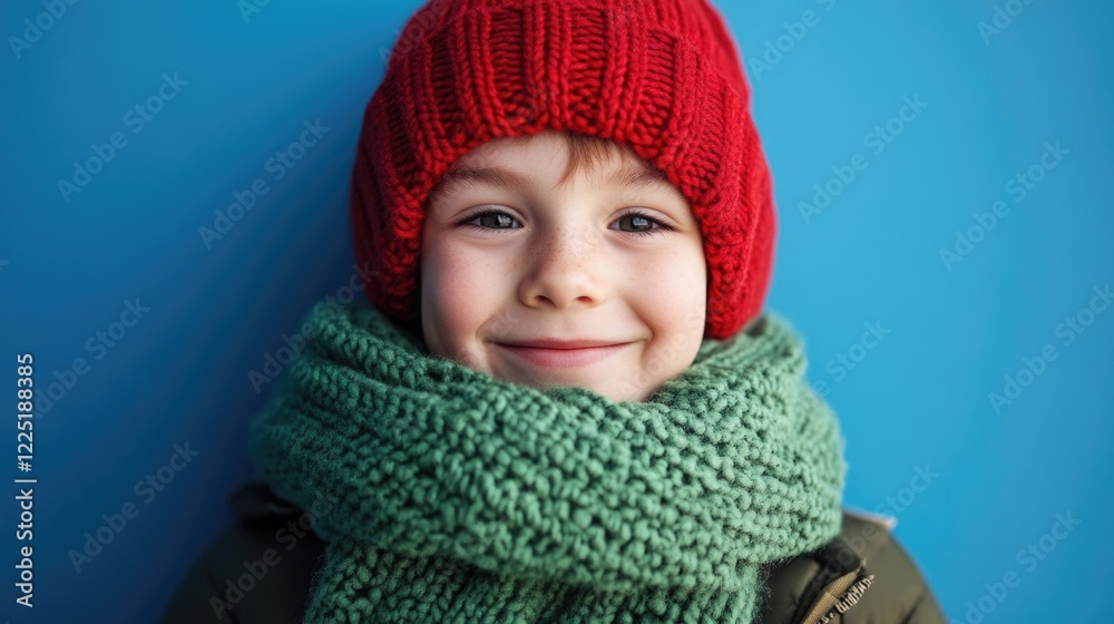 Smiling child wearing red knit hat and green scarf against blue background with Copy Space Smiling child wearing red knit hat and green scarf against blue background with Copy Space