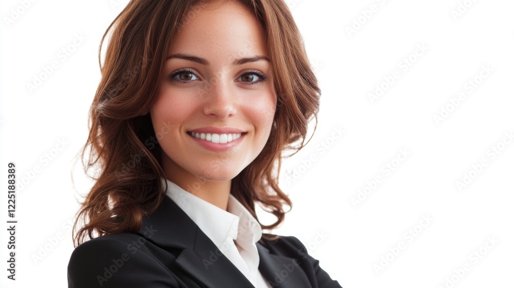 Businesswoman smiling confidently with crossed arms wearing black suit and white shirt on white background Copy Space Businesswoman smiling confidently with crossed arms wearing black suit and white shirt on white background Copy Space