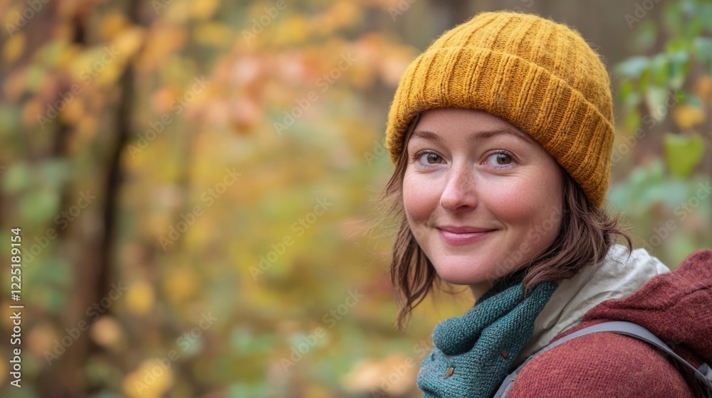 Smiling woman in yellow knit hat and warm clothing in autumn forest with colorful foliage and blurred background Copy Space Smiling woman in yellow knit hat and warm clothing in autumn forest with colorful foliage and blurred background Copy Space