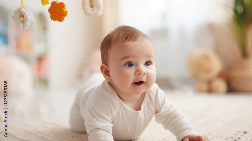 baby in white onesie crawls on soft carpet, gazing joyfully at colorful mobile hanging above in bright, cozy room baby in white onesie crawls on soft carpet, gazing joyfully at colorful mobile hanging above in bright, cozy room