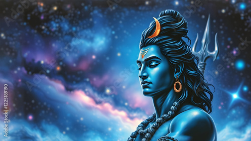 Portrait of Lord Shiva with radiant blue skin, a crescent moon on his head, adorned with gold earrings and necklace