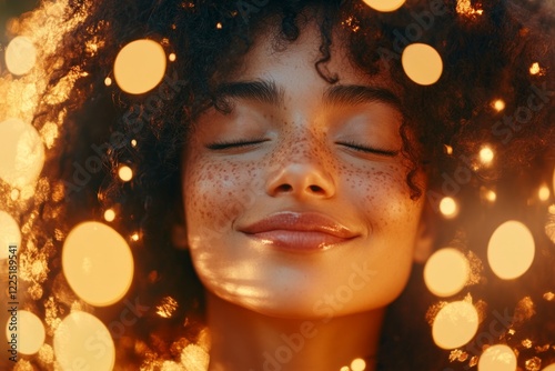 A close-up of a person face with a radiant smile, their eyes closed and expression full of pure joy, captured under natural sunlight