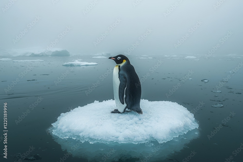 Fototapeta premium Lone Penguin on Melting Ice Patch Facing Uncertain Future in Cloudy Arctic Landscape