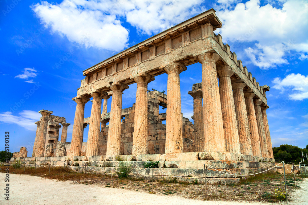 Fototapeta premium Greece travel and landmarks . antique temple of Orfeas in Aegina island, the prototipe of Acropolis. Saronics gulf.