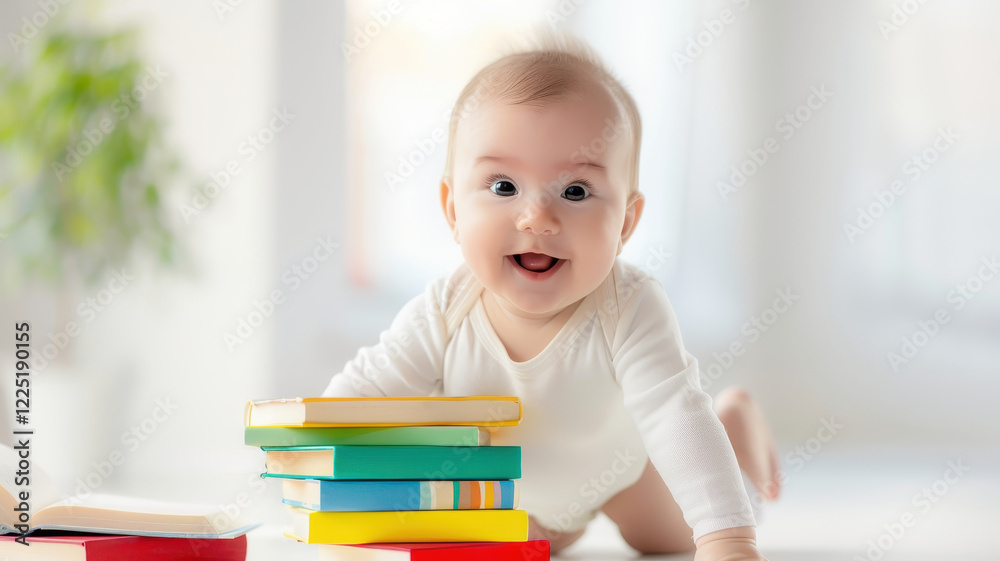 joyful baby in white onesie crawls towards stack of colorful books on bright, soft surface, expressing curiosity and excitement joyful baby in white onesie crawls towards stack of colorful books on bright, soft surface, expressing curiosity and excitement