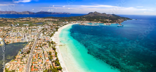 Mallorca Alcudia beach aerial panorama Pollenca bay turquoise sea white sand ...