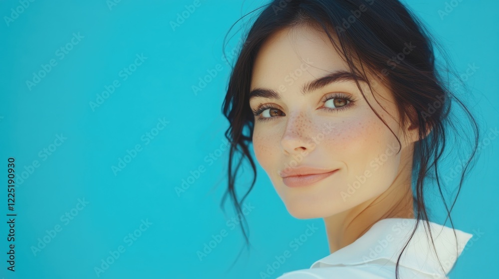 Brunette woman smiling against a vibrant blue background showcasing youthful skin and playful expression in a stylish white shirt Brunette woman smiling against a vibrant blue background showcasing youthful skin and playful expression in a stylish white shirt