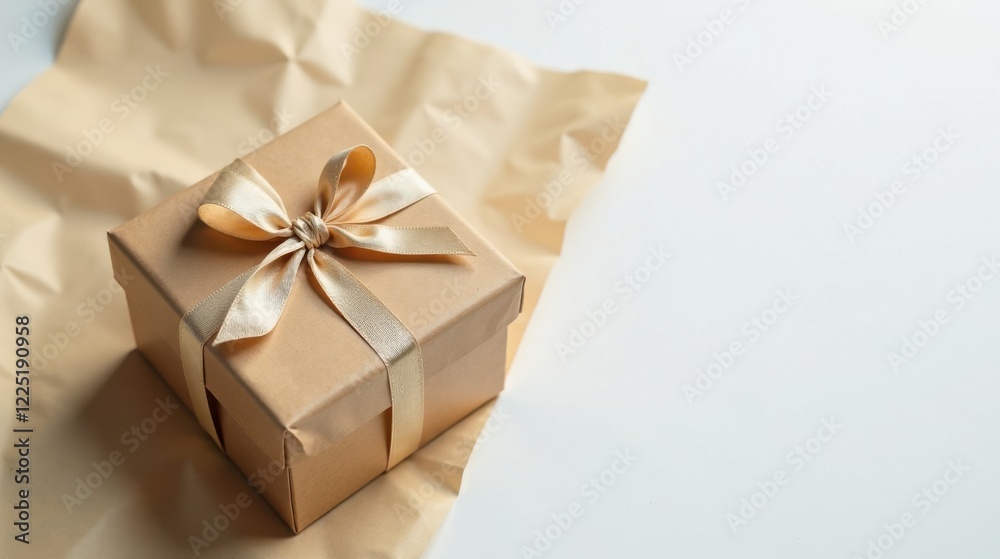 Obraz premium A delicately tied golden ribbon adorns a kraft paper gift box, resting on a crumpled sheet of matching paper, suggesting a moment of thoughtful preparation and anticipation.