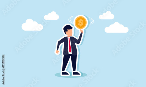 A businessman spinning a dollar coin, illustration of brainstorming to optimize business financial management