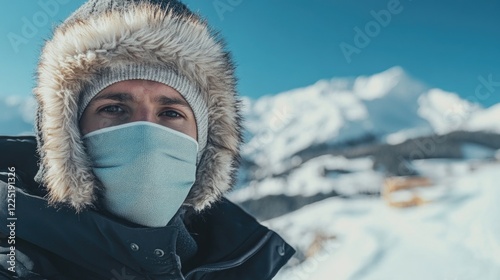 Male snowboarder wearing a face mask and fur-lined parka in snowy Sierra Nevada, Granada, Spain against a stunning mountain backdrop.