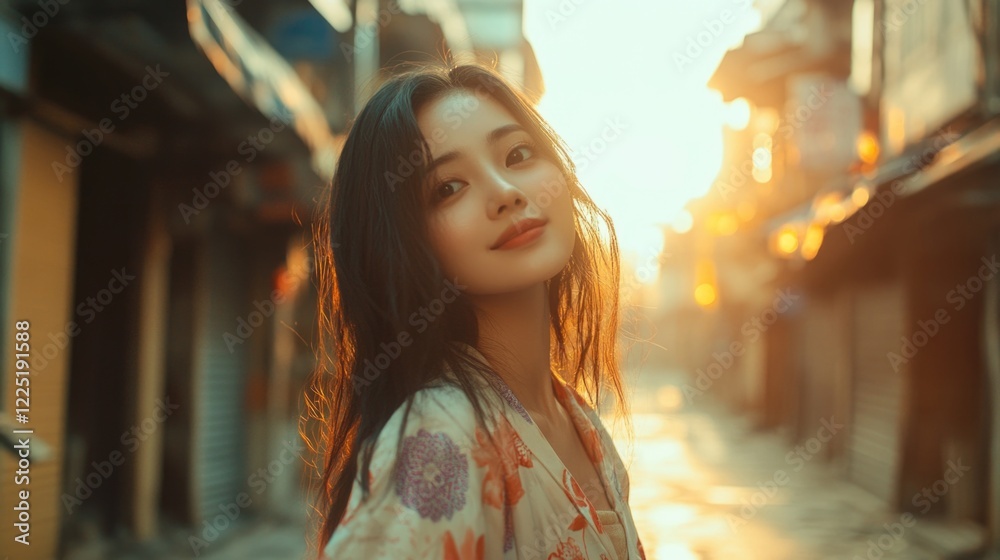 Elegant Asian woman in kimono strolling through a historic street at sunset, capturing traditional beauty and warm, golden light. Elegant Asian woman in kimono strolling through a historic street at sunset, capturing traditional beauty and warm, golden light.
