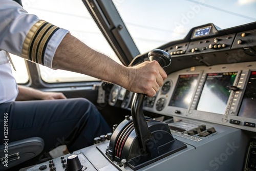 Pilot hand grip aircraft throttle in cockpit. Aviation control and flight