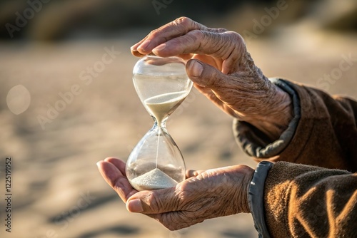 Wrinkled hand hold hourglass with sand flowing. Time and aging