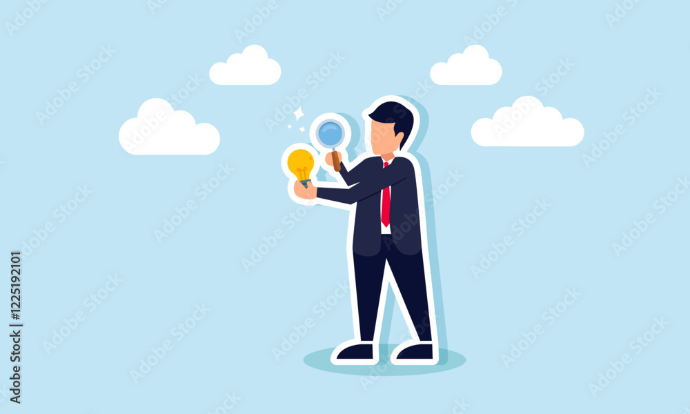 A businessman examining a lightbulb with a magnifying glass, illustration of research in discovering business ideas and innovations A businessman examining a lightbulb with a magnifying glass, illustration of research in discovering business ideas and innovations